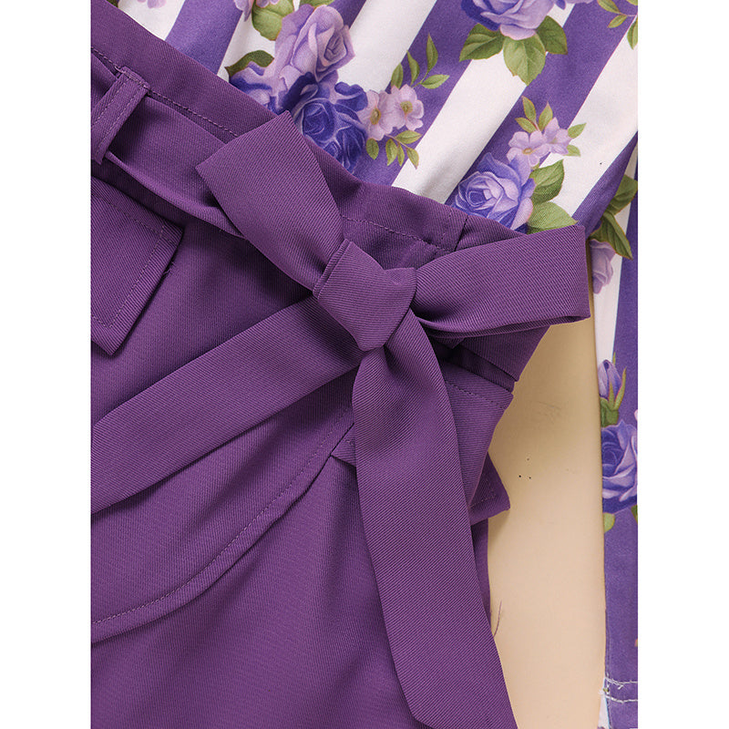 US Local Toddler Girl Purple Rose Print Girls Outfit, Spring Fall Stripe Top With Belt Skirts Set Holiday Going Out Clothes