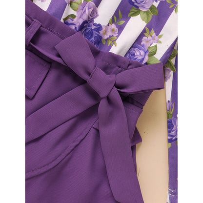 US Local Toddler Girl Purple Rose Print Girls Outfit, Spring Fall Stripe Top With Belt Skirts Set Holiday Going Out Clothes
