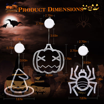 US Local Set Of 3 Pack Halloween Window Light Spider Witch Hat Pumpkin With Orange Light Hanging Halloween Decoration Light With Suction Cup Hanging Holes