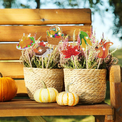12 Packs Rhinestones Painting Art Kit Fall Pumpkin Turkey Maple Corn Design Decorative Stakes For Vase DIY 5D Rhinestones Art Craft Ornaments With Glue And Suction Cup For Thanksgiving Harvest Decor