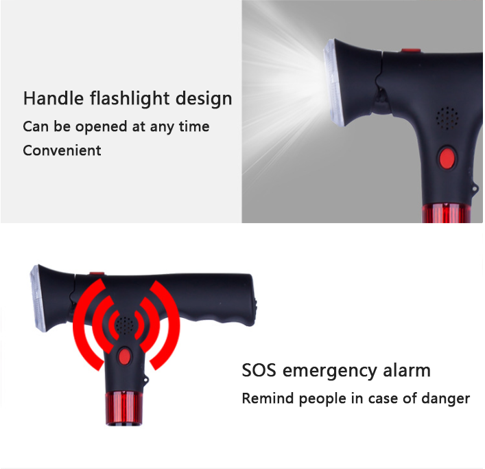 UK Local Adjustable Walking Stick Cane With LED Flashlight SOS Alarm Button For Senior Travel Hiking Trekking Pole Folding Crutch Handle Strap 5 Gears