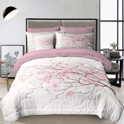 US Local Cherry Blossom Pattern Comforter Set 8PCS Twin Size Soft Bedding Set,1 Comforter,1 Pilow Cover,1 Flat Sheet,1 Fitted Sheet,4 Cushion Cover