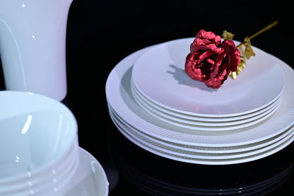 US Local Dandilion Bone China Dinnerware Set, 16 Pieces, Service For 4, Plates, Dishes, Bowls Set, Microwave And Dishwasher Safe, Ivory White With Radial Lines