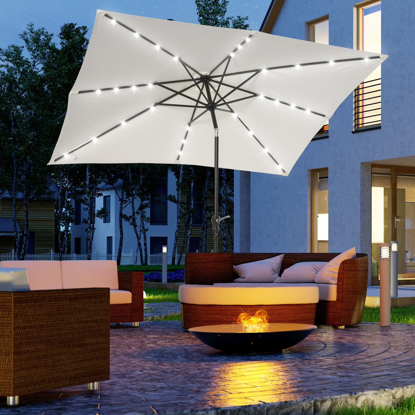 US Local 9x7 Ft Patio Umbrella Outdoor Table Market With Crank Solar LED Lights Tilt Button For Deck Pool White