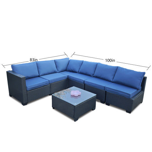 US Local Seven-Piece Sofa Set Table With Sofa Chair Black PE Rattan Outdoor Furniture 7-JH001 Box 3-1-2-3 With Blue Color Cushion