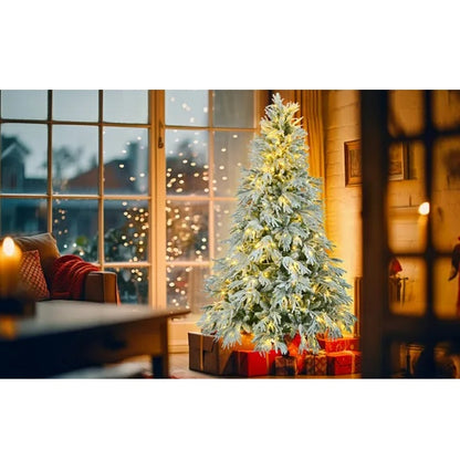 US Local 6FT Pre-Lit Spruce Snow Flocked Christmas Tree, Artificial Hinged Xmas Tree With 300 Multi-Color LED Lights, 8 Flashing Modes &790 Snow Branch Tips, Holiday Office Home