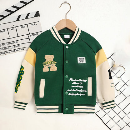 US Local Toddler Kids Girls Boy's Trendy Embroidery Letters Print Jacket Baseball Collar Sports Casual Coat Children's Wear