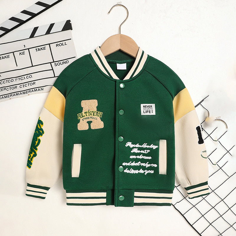 US Local Toddler Kids Girls Boy's Trendy Embroidery Letters Print Jacket Baseball Collar Sports Casual Coat Children's Wear