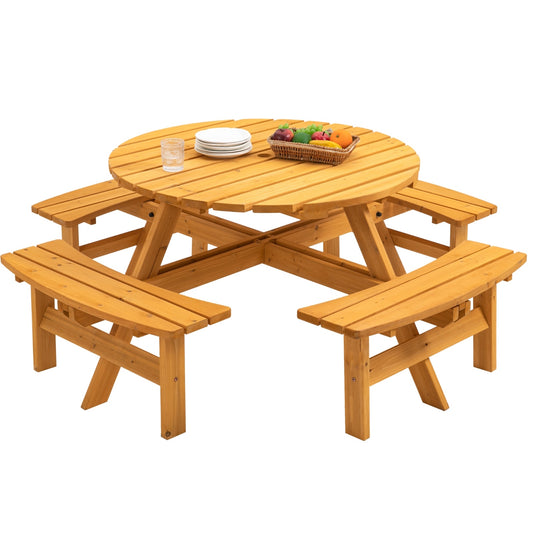US Local 8 Person Wooden Picnic Table Outdoor Camping With 4 Built-in Benches