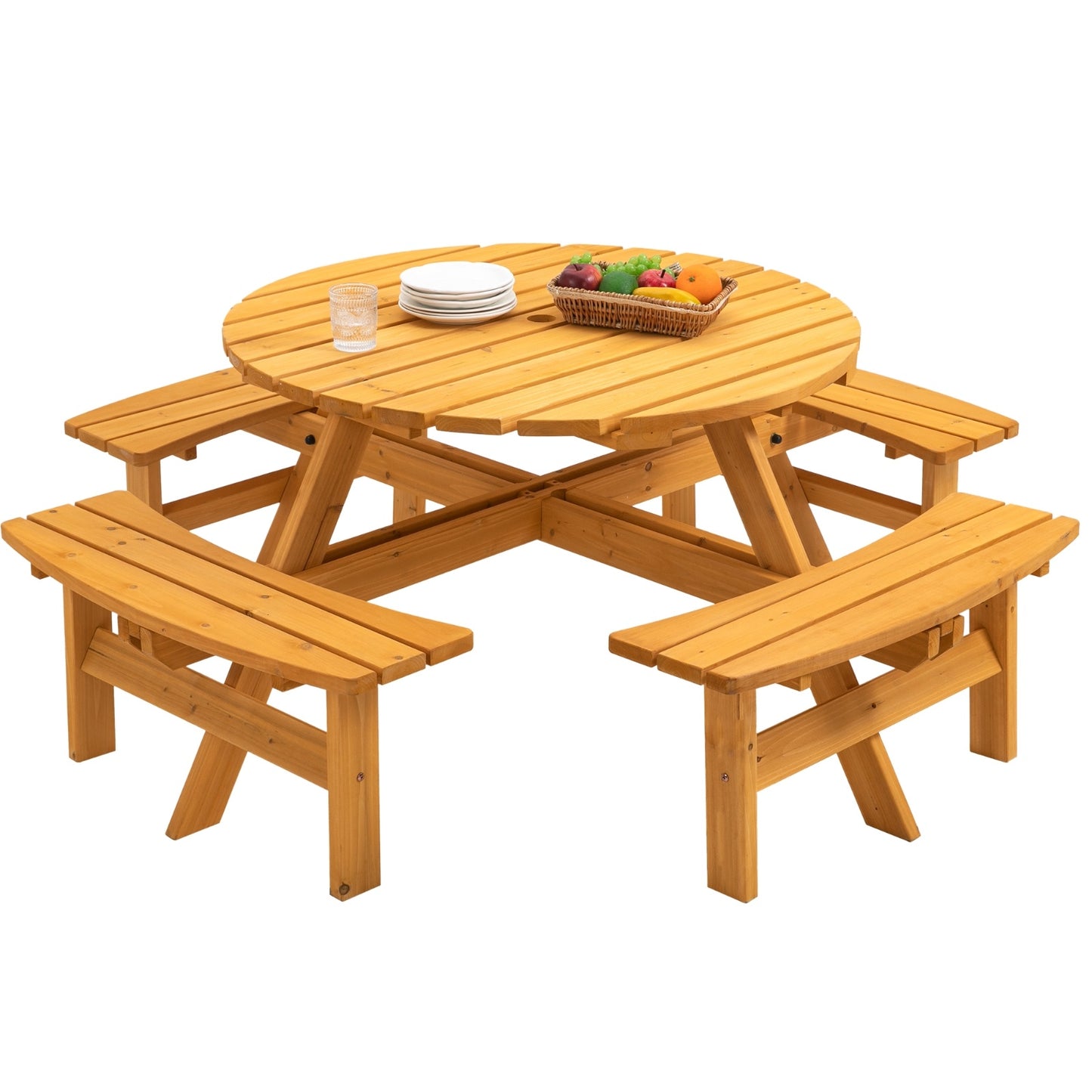 US Local 8 Person Wooden Picnic Table Outdoor Camping With 4 Built-in Benches