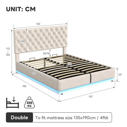 UK Local Double Ottoman Bed With LED Lighting, Velvet Upholstered Bed With Hydraulic Storage, 4ft6 Double Bed Frame With Handmade Button Tufted Adjustable Headboard, No Box Spring Needed, Beige No Mattress
