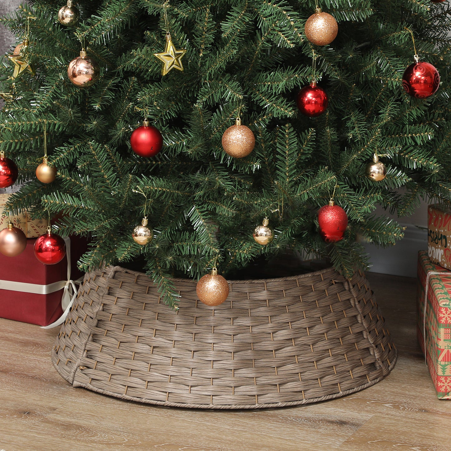 US Local 27 Inch Rustic Christmas Tree Skirt, Plastic Woven Christmas Tree Collar For Party, Holiday, Home Decoration, Coffee