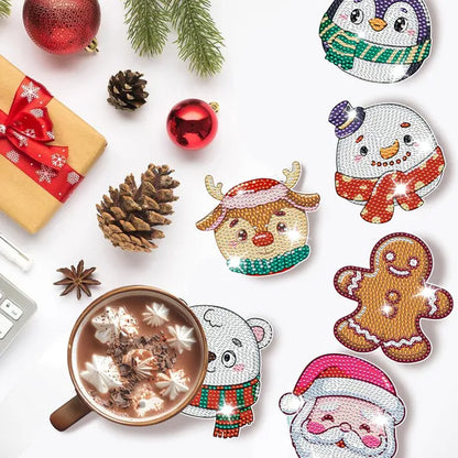 US Local 6 Packs Christmas Rhinestones Art Coasters With Holder Snowman Gingerbread Man Penguin Santa Claus Pattern Gift Non Slip Acrylic Cup Coaster 5D DIY Full Drill Rhinestones Dots Art