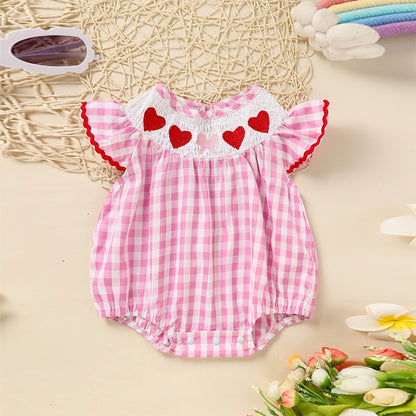 US Local Baby Girl's Short Sleeve Checkered Romper Heart Embroidery & Ruffle Detail With Back Cut-Out And Snap Closure