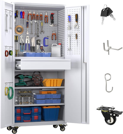 US Local Metal Garage Storage Cabinet With Wheels And Doors,Rolling Tool Cabinet With Pegboard,Rod And Drawer For Garage Warehouse Home,Required Assembly,Grey And White