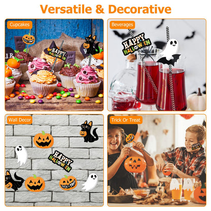 US Local Set Of 25Pcs Halloween Party Striped Decorative Straws Disposable Drinking Straws Paper Straw Decor Happy Halloween Ghost Lantern Black Cat Halloween Party Supplies
