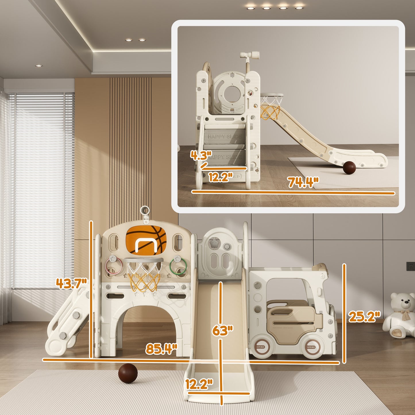 US Local 9 In 1 Toddler Slide For Kids Ages 1-6 With Bus Front, Basketball Hoop, Climber, Storage Space, Ring Toss, Cream White