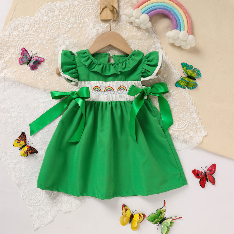 US Local Toddler Girl's Ruffle Sleeve Dress Rainbow Embroidery & Bow Detail With Back Button Closure