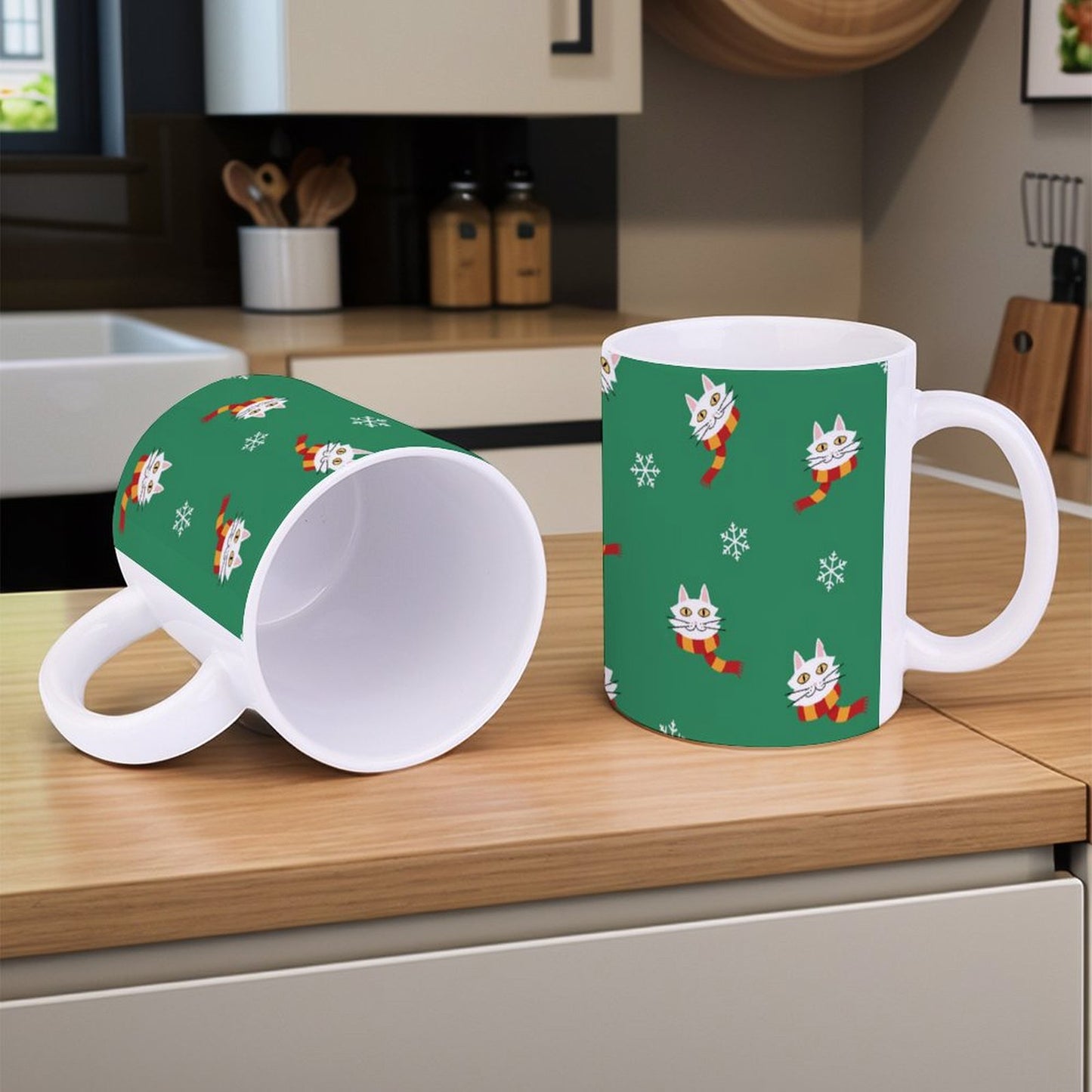POD US Local White mug with full print, Christmas Cat Scarf Snowflake 0029