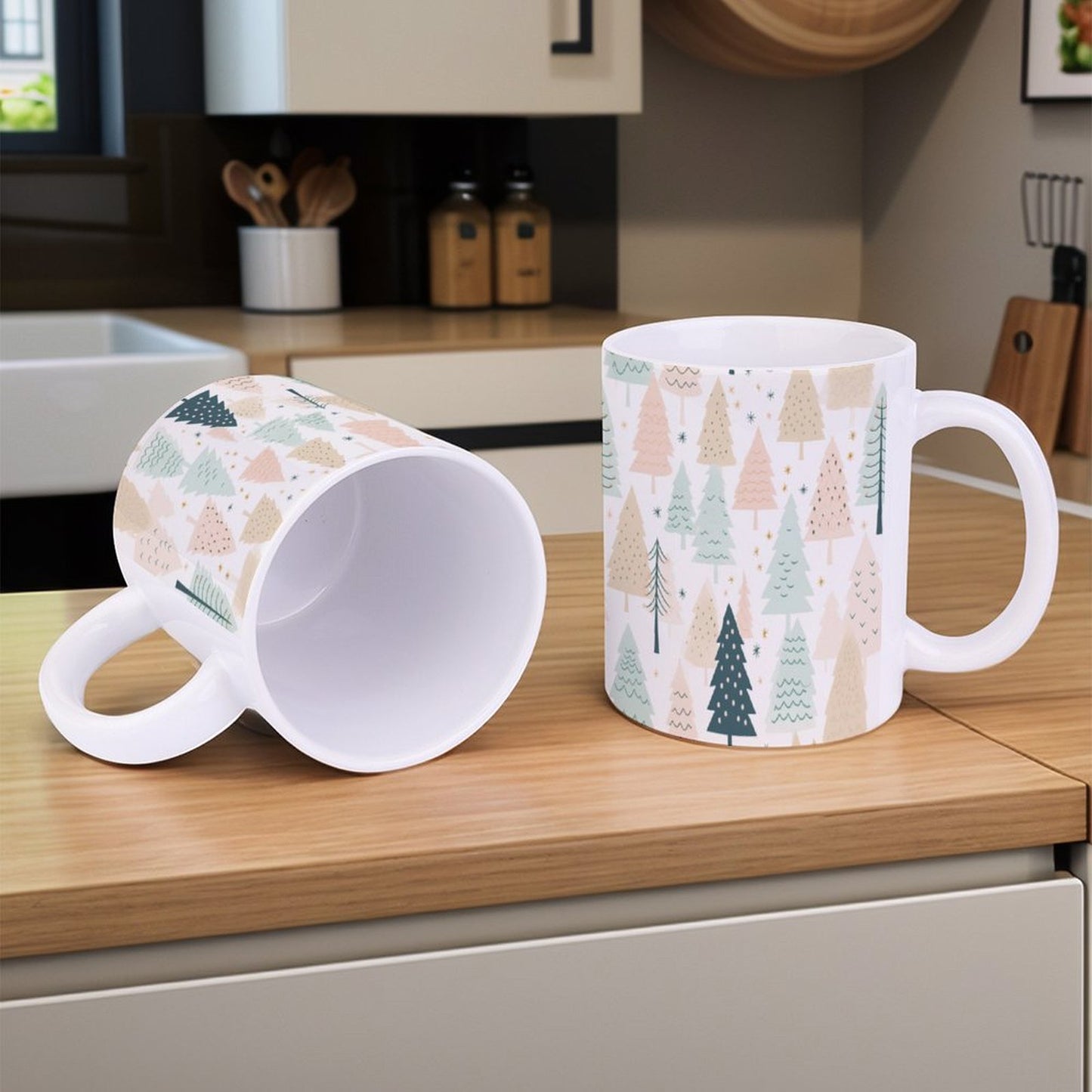 POD US Local White mug with full print, Christmas Trees, Woods, Pink 0005