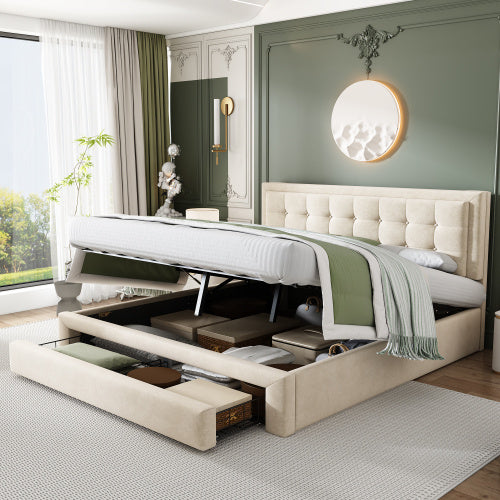 UK Local Upholstered Bed,Double Bed-4ft6135X190cm, Velvet Fabric, Double Bed, Large Storage Space,With Slats And Headboard,Without Mattress,Cream