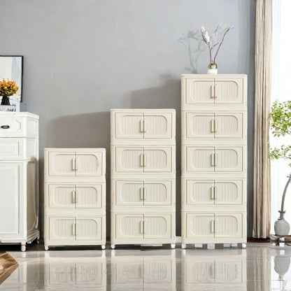 US Local Cream White,19.69 Side Wide Folding Storage Cabinet ,5 Tiers,19.69x11.81x50.00,Collapsible Storage Bins With Magnetic Door, Plastic Storage Cabinet With Wheels