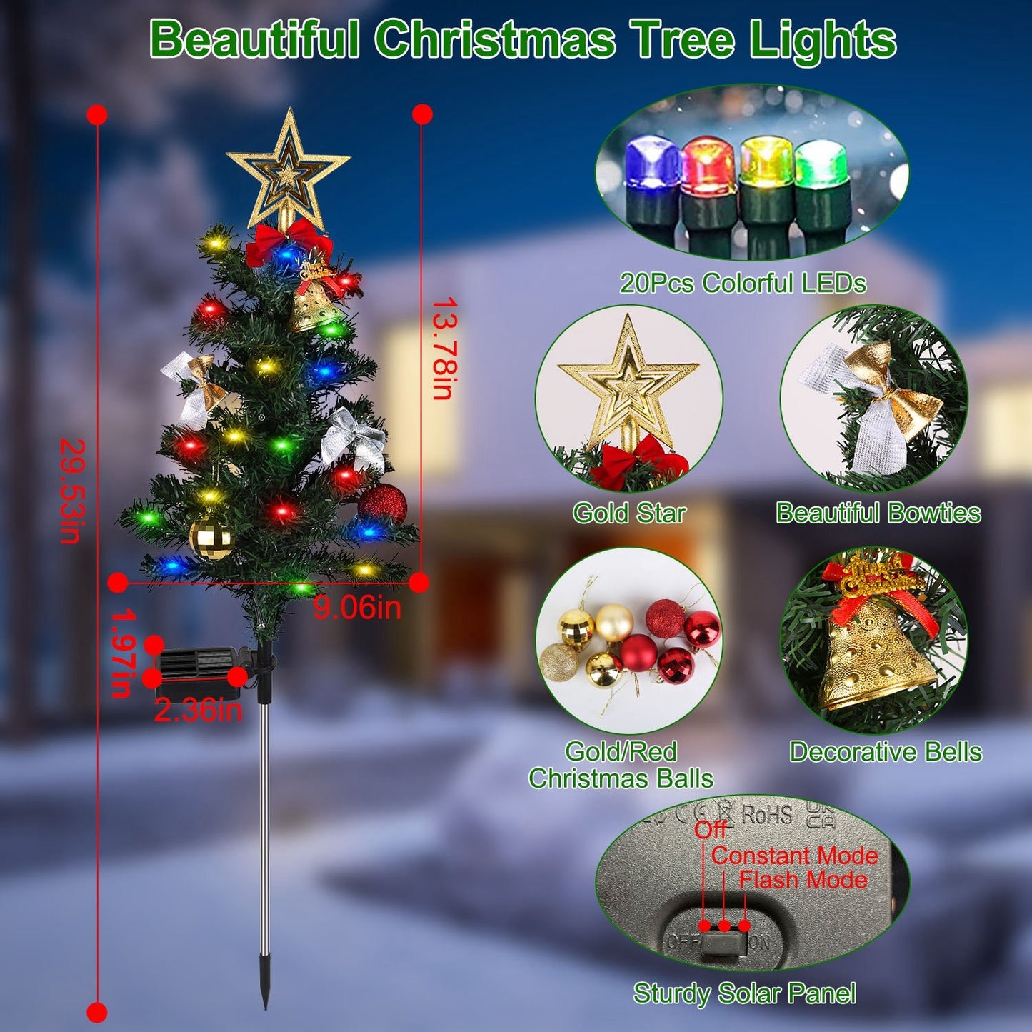US Local 4Packs Solar Christmas Tree Lights Xmas Garden Decorations Tree Stake Lamp 20LEDs Solar Decor Light With Constant And Flashing Mode For Pathway Yard Patio Landscape