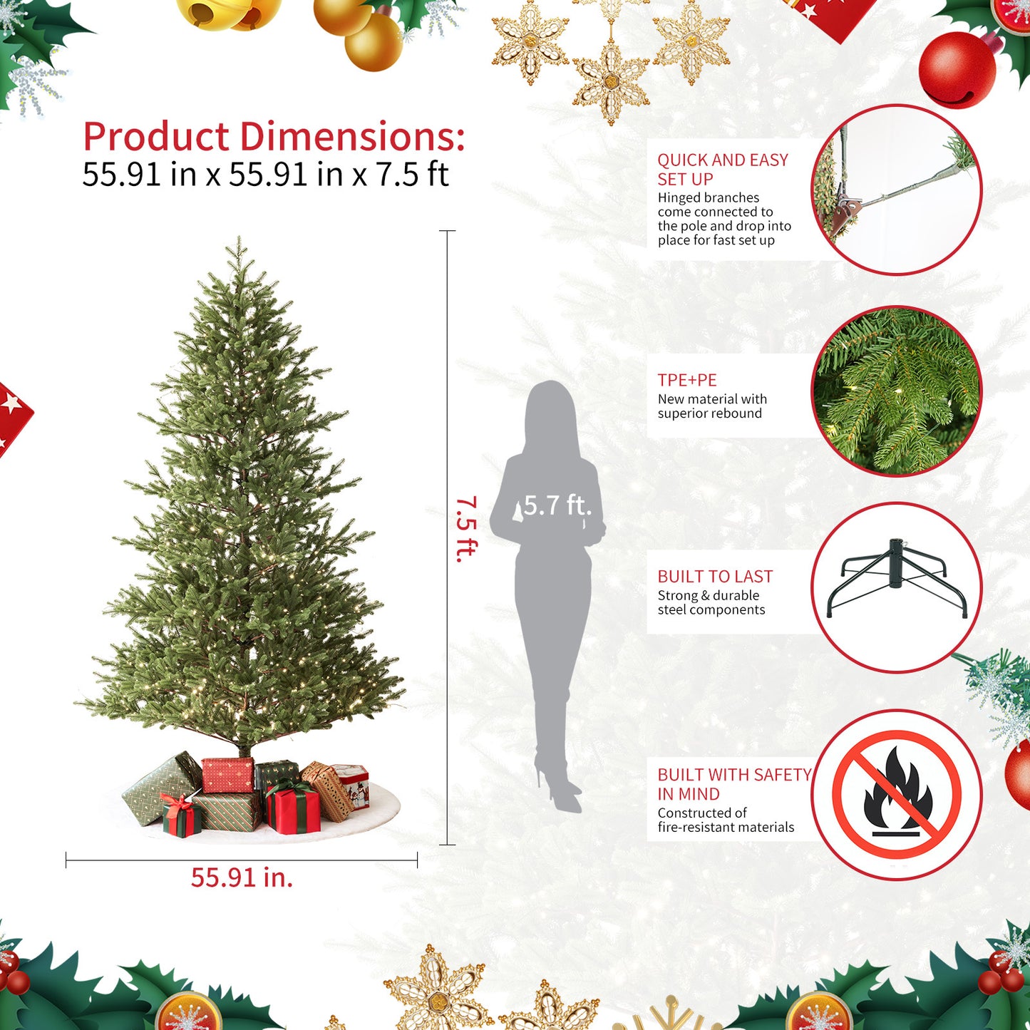 US Local Balsam Fir Heritage 7.5ft Christmas Tree Pre-Lit Artificial Full With 3,941 Branch Tips & 1,485 Low-Voltage Warm LED Lights, Foldable Stand & Realistic Flame-Resistant Branches