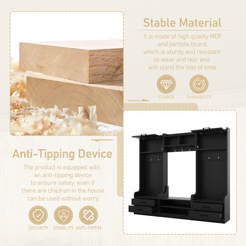 US Local 4-in-1 Detachable Hall Tree With Storage And 7 Hooks, Multiple Functions Hallway Coat Rack With Storage Drawers And Cabinet, Black Shoe Bench For Entryway Hallway