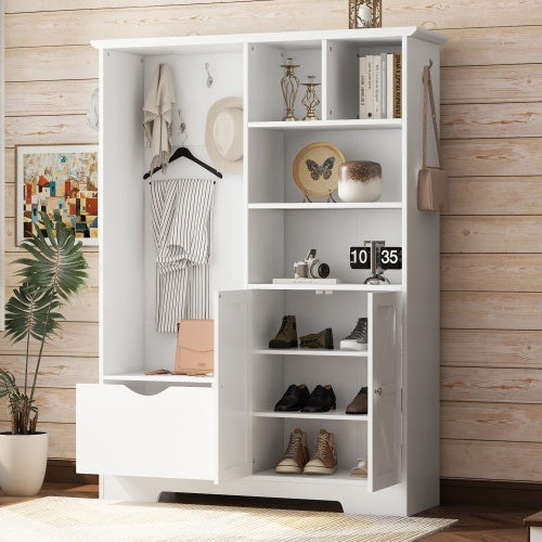 US Local Multi-functional Hall Tree With Storage Shelves Drawers And Cabinet, Elegant Hallway Shoe Cabinet With Bench, Modern Coat Rack With Hooks For Hallway Entryways