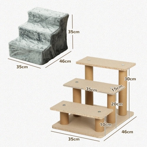 UK Local PawHut Three-Step Dog Stairs, With Washable Plush Cover, For High Bed Sofa, Dog Stairs For Small Dog And Cat - Light Grey