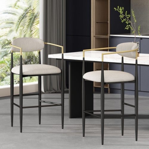 US Local Barstools Set Of 2, Counter Height Upholstered Bar Stools With Back For Kitchen Island, Beige Faux PU Leather Seating Black Iron Legs 260LBS Weight Capacity