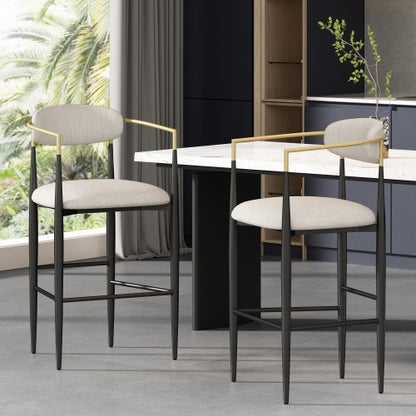 US Local Barstools Set Of 2, Counter Height Upholstered Bar Stools With Back For Kitchen Island, Beige Faux PU Leather Seating Black Iron Legs 260LBS Weight Capacity