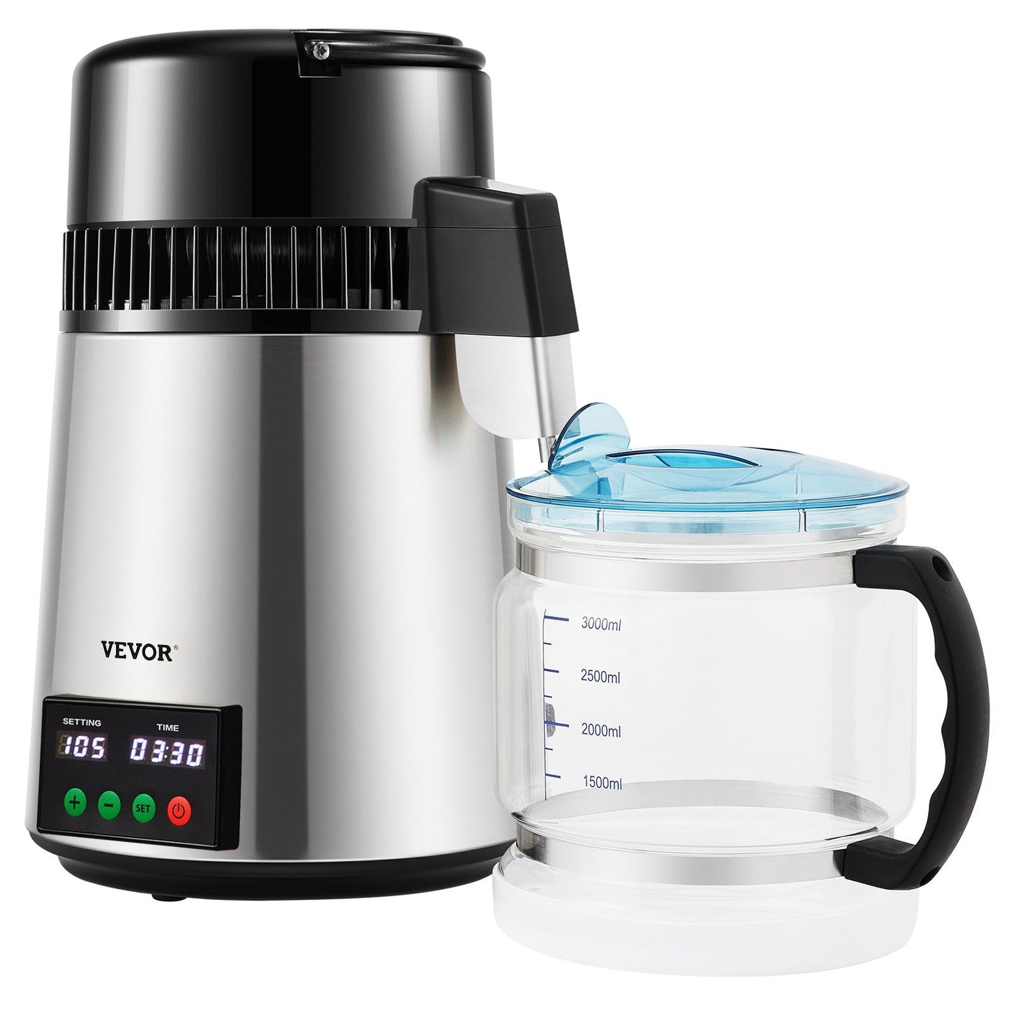 US Local 1.1 Gal Water Distiller, 0.3 Gal H, 750W Distilled Water Maker Machine 0-99H Timing Set Temp Display, 304 Stainless Steel Countertop Distiller Glass Carafe Cleaning Powder 3 Carbon Packs, Silver