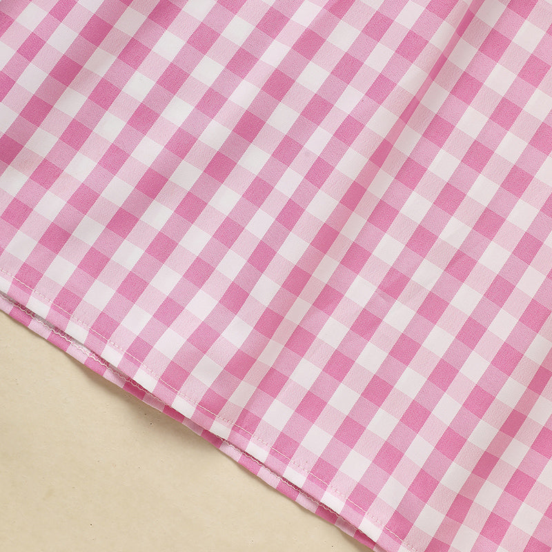 US Local Infant Baby Girls' Valentine's Day Dress Pink Plaid With Heart Embroidery, Smocked Ruffle Sleeves