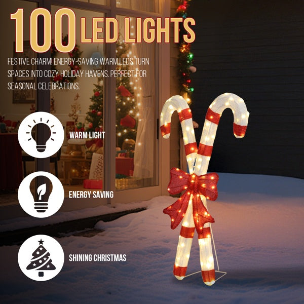 US Local Lighted Candy Cane And Red Bowknot Christmas Decorations, Pre-lit 2D Holiday Decor With 100 Warm White LED Lights For Xmas Outdoor Indoor Decor Lighted Holiday Displays