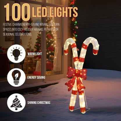 US Local Lighted Candy Cane And Red Bowknot Christmas Decorations, Pre-lit 2D Holiday Decor With 100 Warm White LED Lights For Xmas Outdoor Indoor Decor Lighted Holiday Displays