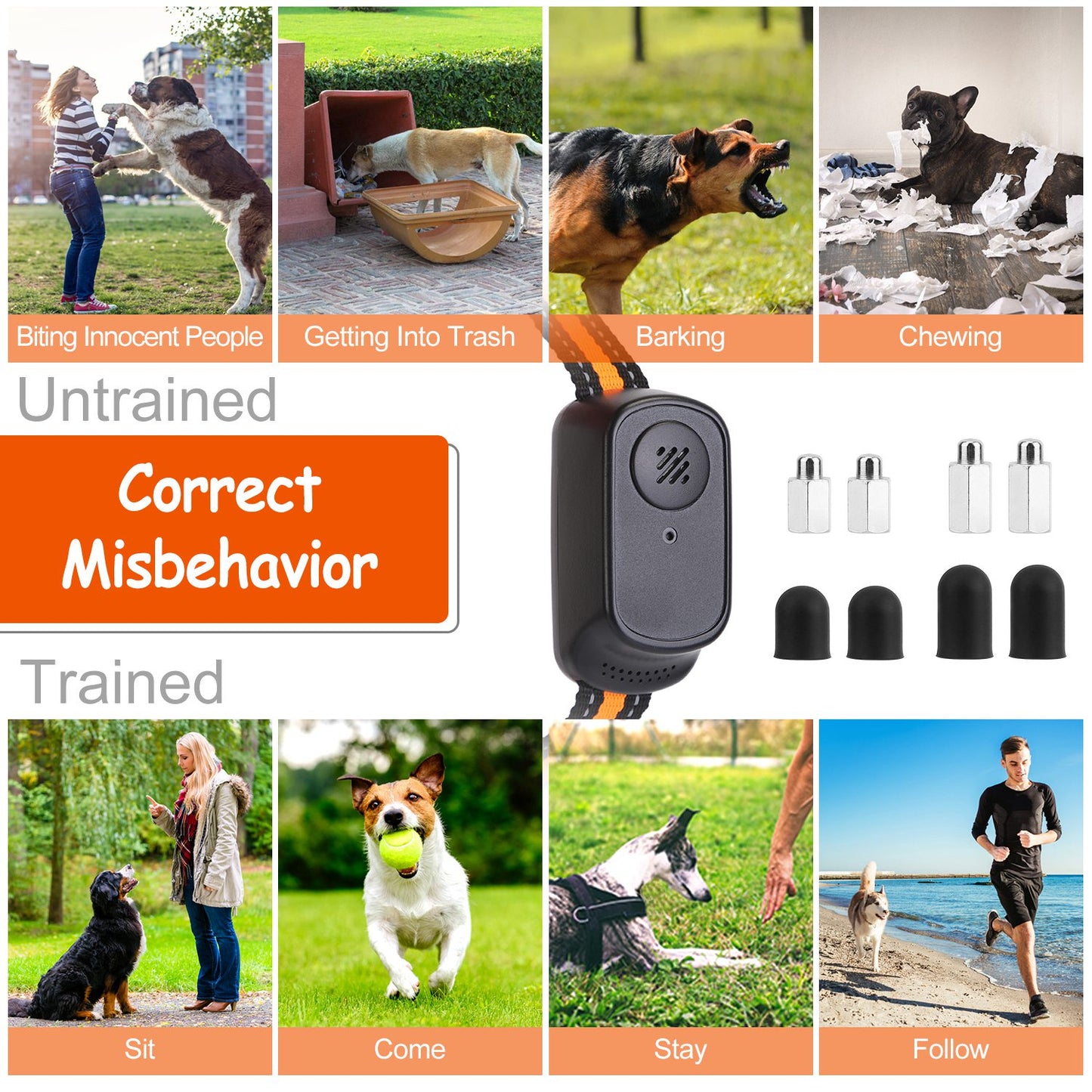 US Local 1Pc 984FT Dog Training Collar IP65 Waterproof Pet Beep Vibration Electric Shock Collar 3 Channels Rechargeable Transmitter Receiver Trainer With Recording Safety Keypad Lock