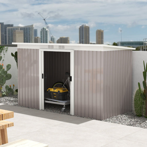 UK Local Outsunny Corrugated Garden Metal Storage Shed Outdoor Equipment Tool Box With Kit Ventilation Doors 9x 4FT Light Grey