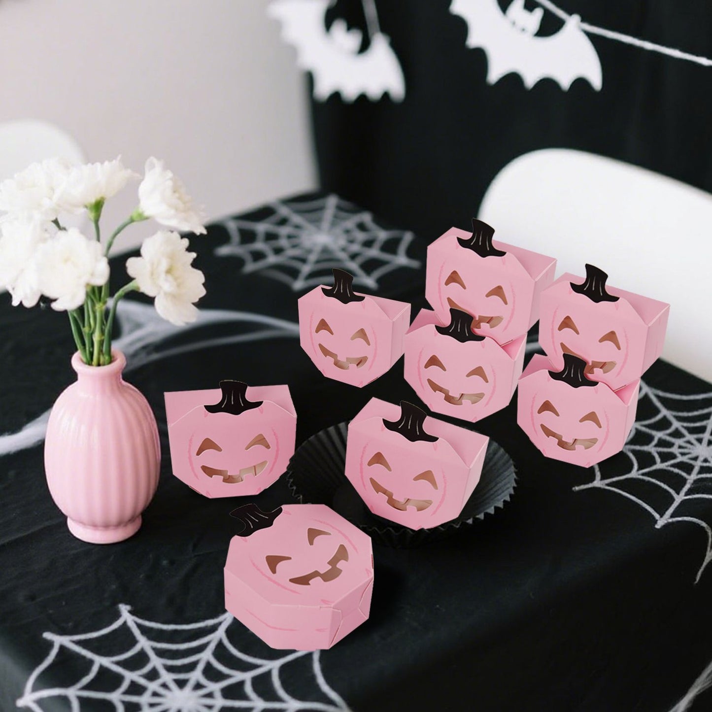 10Pcs Halloween Pink Pumpkin Gift Boxes Unique Candy Boxes With Hollow Scary Smiley Face Window Trick Or Treat Candy Goodie Bags For Halloween Birthday Party Haunted House Table Decoration