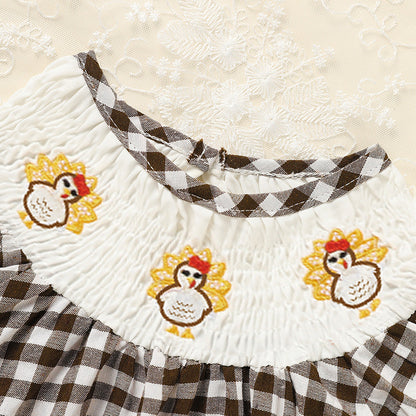 Infant Baby Girls Thanksgiving Dress Turkey Print Casual Short Sleeve Plaid Party Costume Dresses