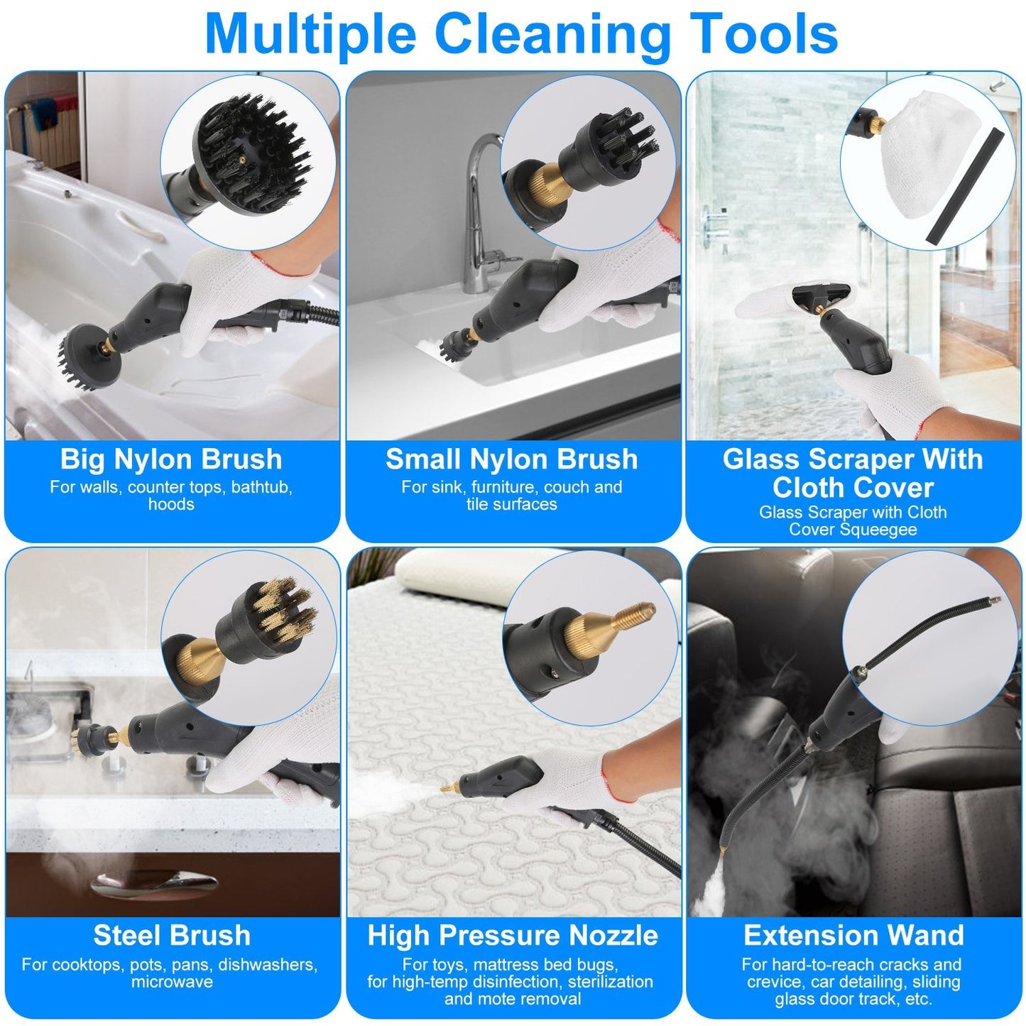US Local 1Pc 2500W Handheld High Temperature And Pressure Steamer Cleaner With 1400ML Tank 9 Accessories 6 Steam Levels For Dirt Grease Grout Tile Floor Couch Car