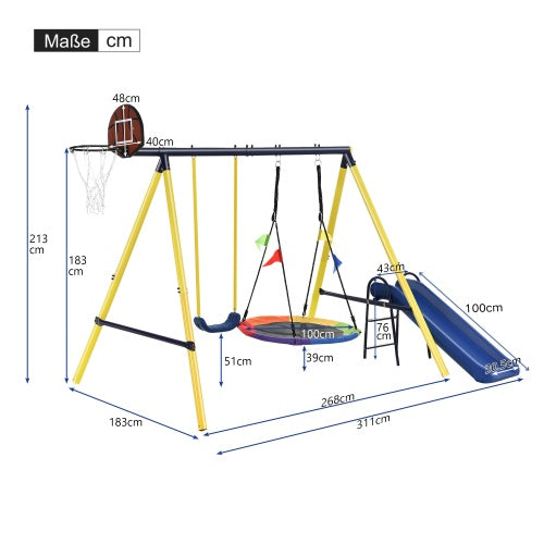 UK Local Kids Swing Set With Metal Frame, Nest Tree Swing, Plastic Single Swing, Basketball Hoop, Slide,  Playground Outdoor Play Frame Toy For Children, Over 3 Years Old, Yellow