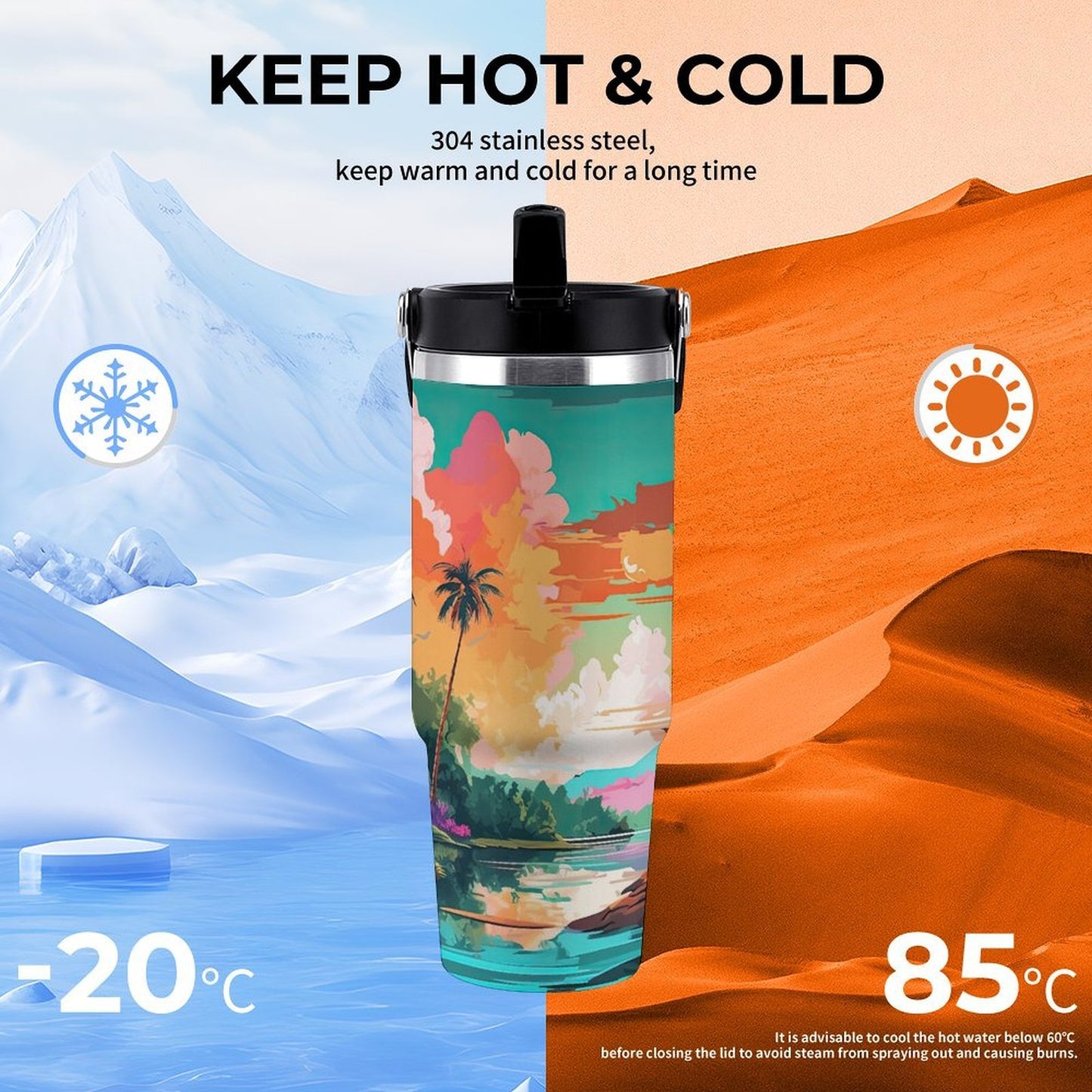 POD US Local Tumbler 30oz Large Capacity Car Cup Tropical, Island, Scenery Style