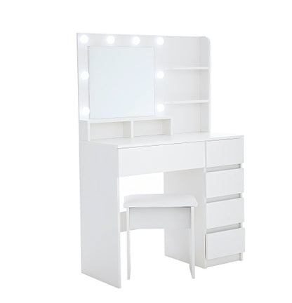 US Local Vanity, Makeup Vanity Desk Set With Mirror & Light, Dressing Table Storage Lots With Power Strip, 3 Lighting Modes With Adjustable Brightness, 37 Inches White With Stool