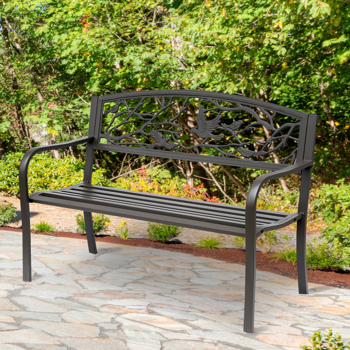 US Local Brown Metal Garden Bench 50 Patio Seating With Backrest & Armrests