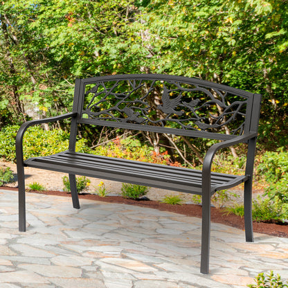US Local Brown Metal Garden Bench 50 Patio Seating With Backrest & Armrests