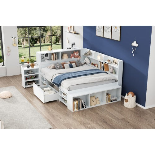 UK Local Children's Bed, Double Bed-4ft6  135x190cm  Multifunctional Children's Bed With Drawers, Bookcase And Storage Cupboard, Large Storage Space, Slatted Frame, Without Mattress, White