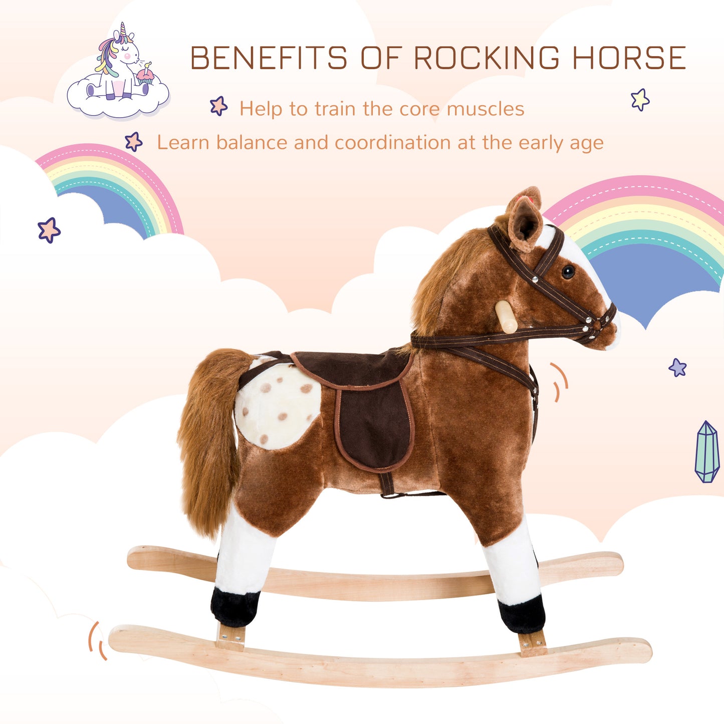 US Local Plush Rocking Horse For Kids, Brown, Realistic Sounds, Ride-On Toy For Children 3