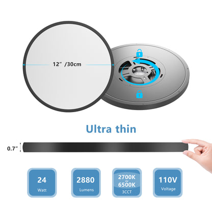US Local 6PK 12 Inch Dimmable LED Flush Mount Ceiling Light, 2700K-6500K Adjustable,24W 2880LM Modern Ultra Thin Flat Round Fixtures For Low Ceiling Bedroom Kitchen Hallway Basement Closet, Black